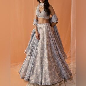 Light Grey White Floral Printed Lehenga